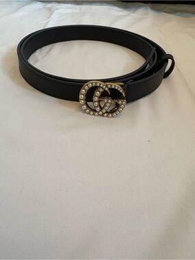 Gucci Leather thin Belt with Pearl-Embellished Gold Double Ring Buckle